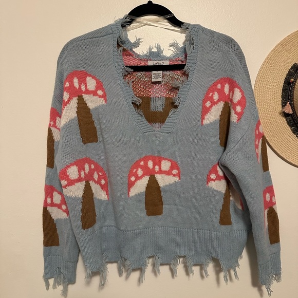 just polly Sweaters - Chic Frayed V-Neck Sweater with Pink Mushroom Design